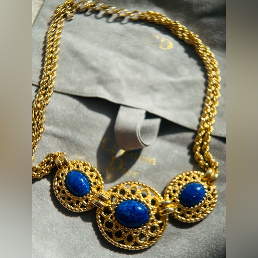 Vintage CHRISTIAN DIOR Lapis Lazuli Gold Plated StatementNecklace